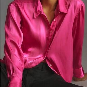 Anthropologie Fuchsia Satin Button Down Shirt